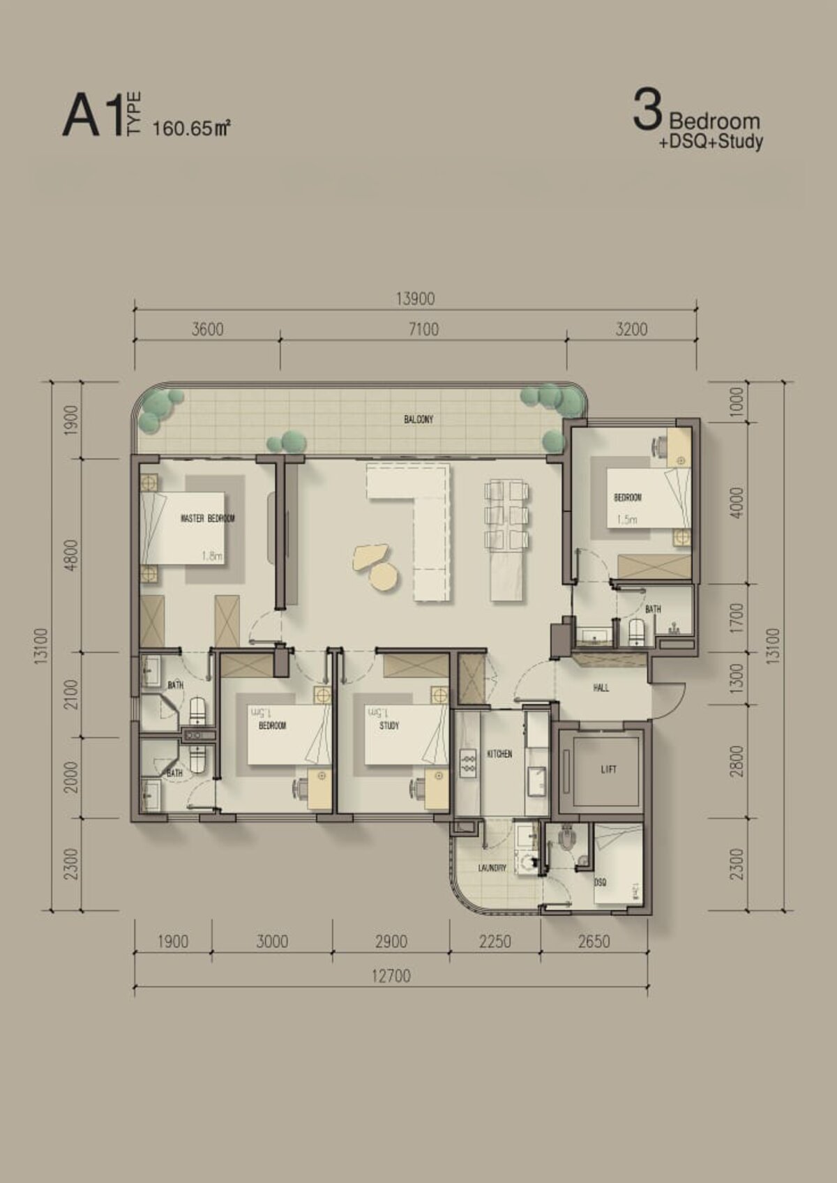 Floor plan for 3 Bedroom + Study + DSQ Type A1 (155.82 sqm)