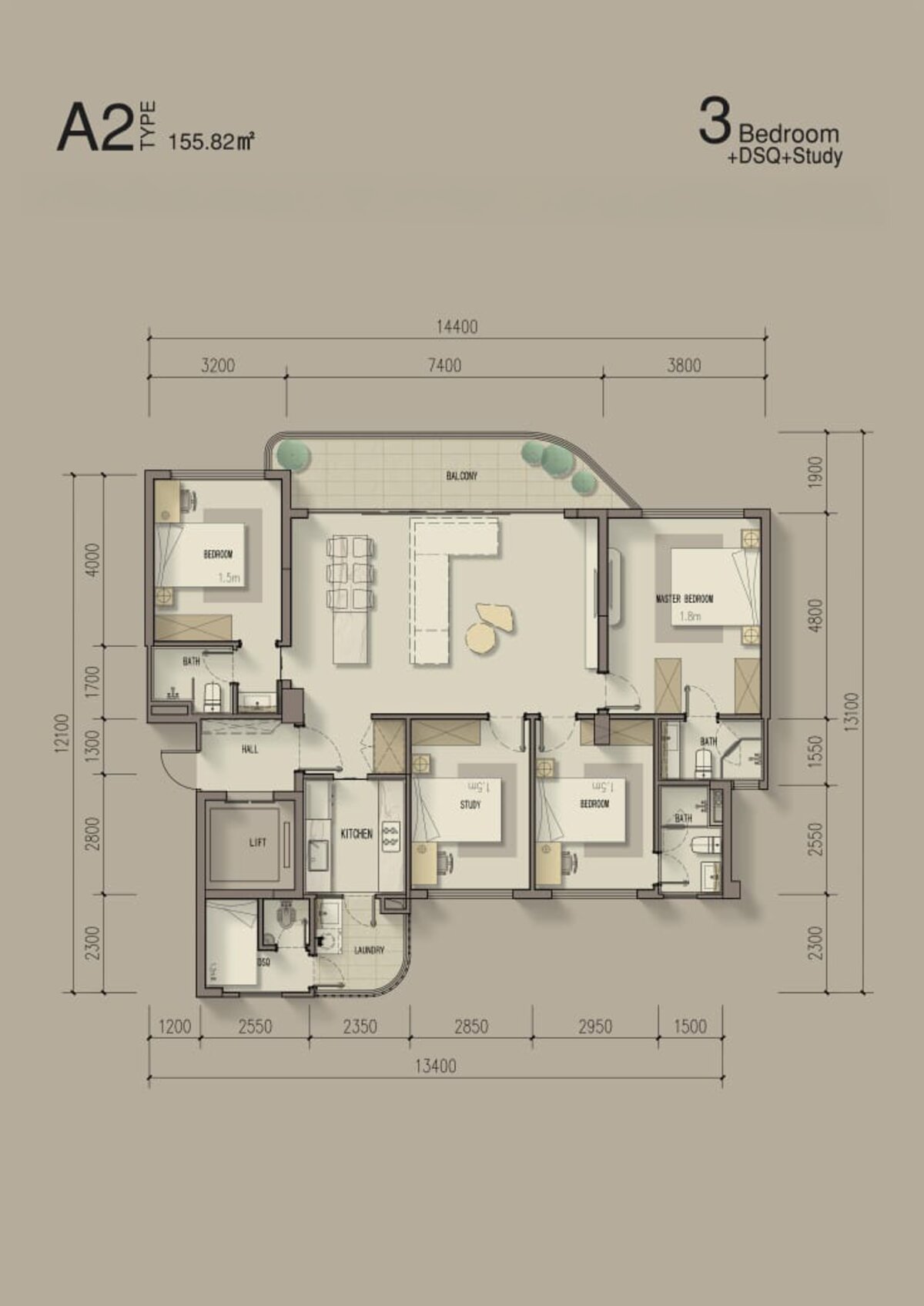 Floor plan of 3-bedroom, 3-bathroom apartment Type A2 in Nairobi, Kenya