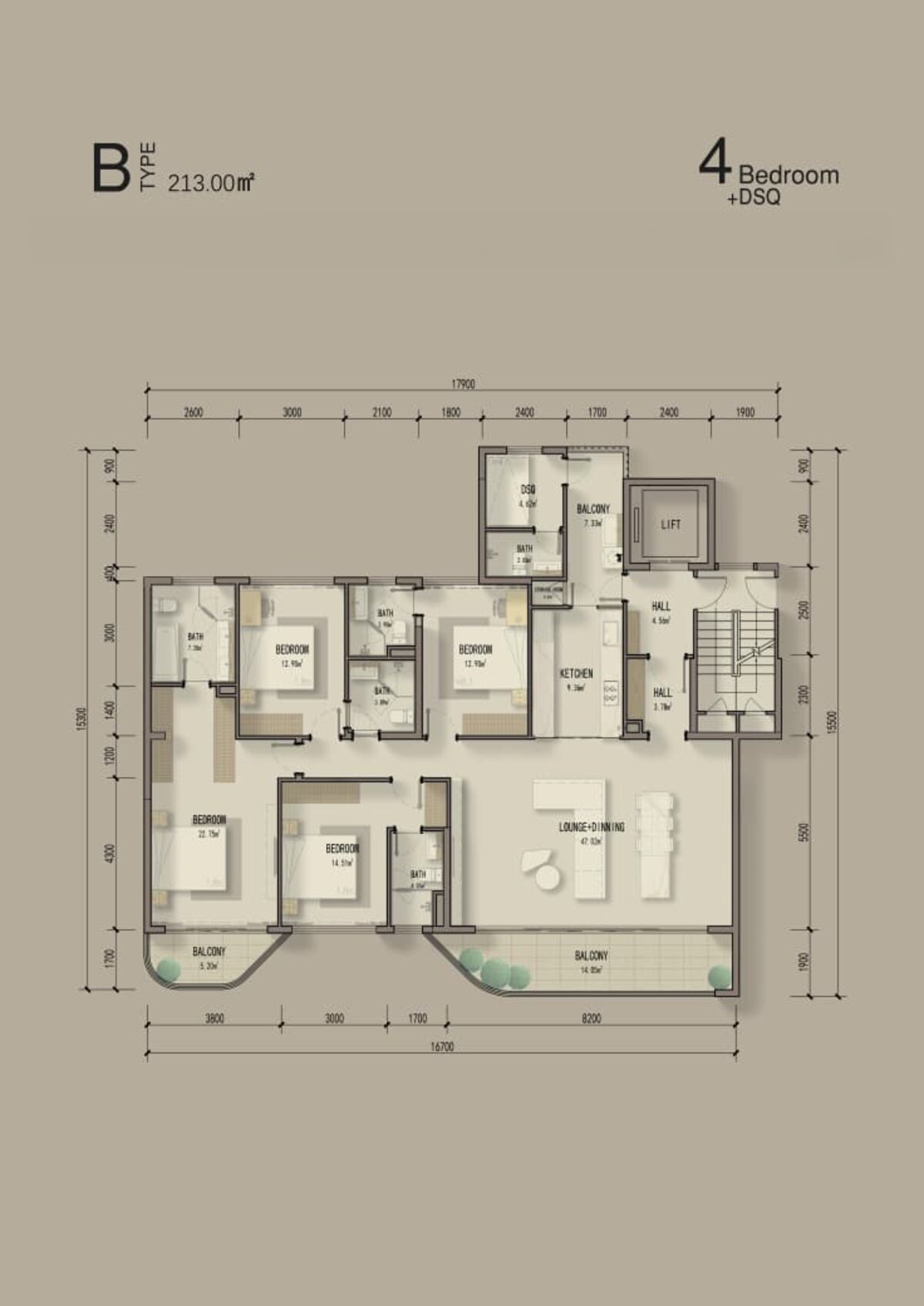 Floor plan for 4 Bedroom + DSQ Type B (213 sqm)